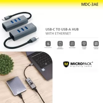 Micropack USB-C to USB-A HUB WITH ETHERNET MDC-3AE