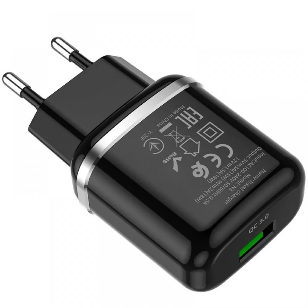 Adapter HOCO. N3 USB 3A QC3.0 fast crni