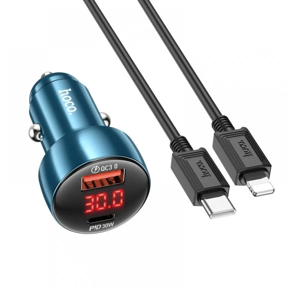 Auto punjac HOCO. Z50 USB QC 3.0 + Type C + kabl Type C to Lightning 48W plava