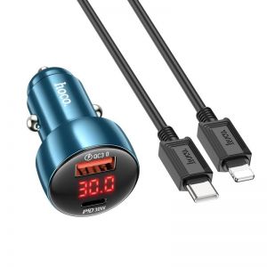 Auto punjac HOCO. Z50 USB QC 3.0 + Type C + kabl Type C to Lightning 48W plava