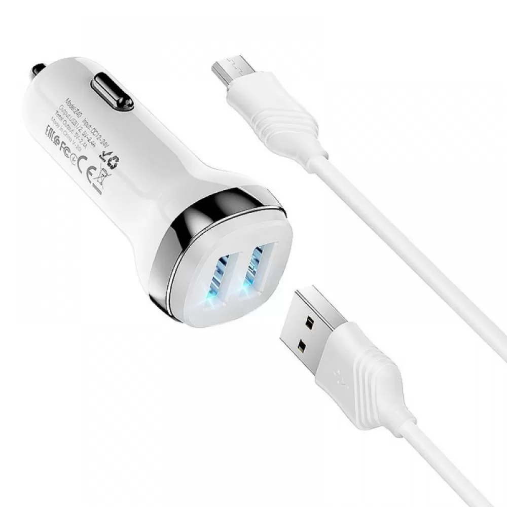 Auto punjac HOCO. Z40 2xUSB + kabal USB A na Micro 2,4A beli