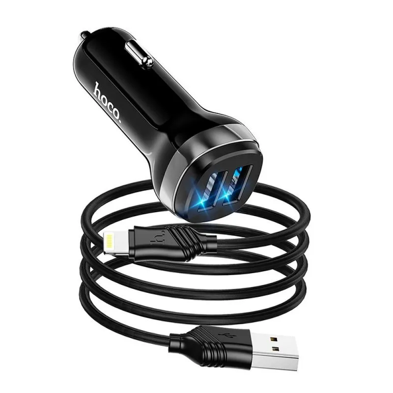 Auto punjac HOCO. Z40 2xUSB + kabal USB A na Lightning 2,4A crni