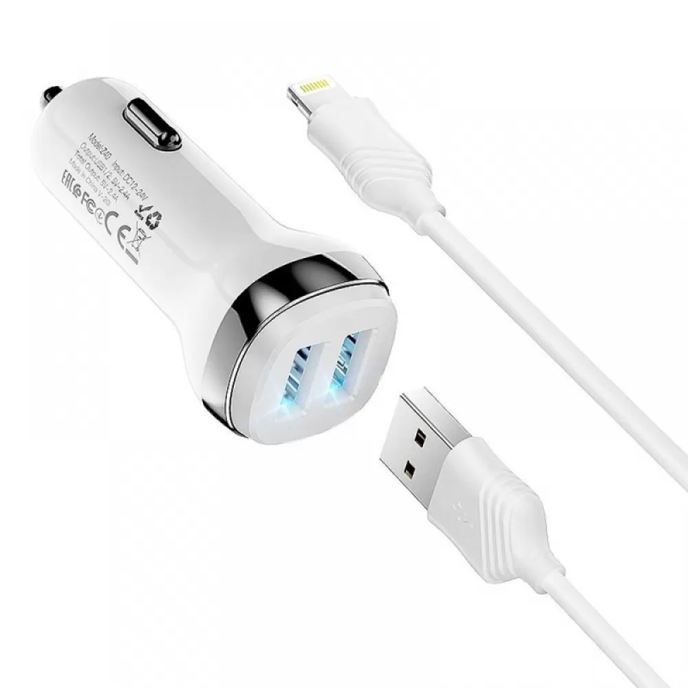 Auto punjac HOCO. Z40 2xUSB + kabal USB A na Lightning 2,4A beli