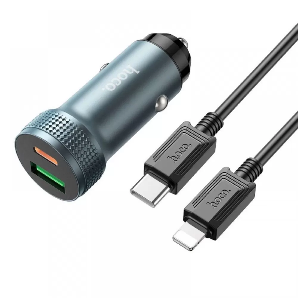 Auto punjac HOCO. Z49B USB QC 18W + Type C 20W + kabal Type C na Lightning PD38W sivi