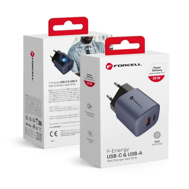 Kucni punjac (adapter) FORCELL F-Energy GAN USB-A I USB-C port  3A 33W PD VT-31 Quick Charge 4.0