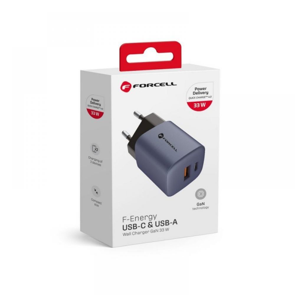 Kucni punjac (adapter) FORCELL F-Energy GAN USB-A I USB-C port  3A 33W PD Quick Charge 4.0