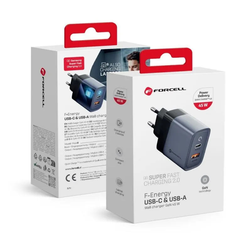 Kucni punjac (adapter) FORCELL F-Energy GAN USB-C i USB-A port VT-39 4A 45W PD Quick Charge 4.0 