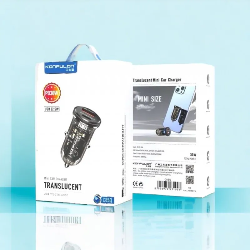 Auto punjac KONFULON mini C85Q USB-A 22.5W / USB-C 30W FAST crni
