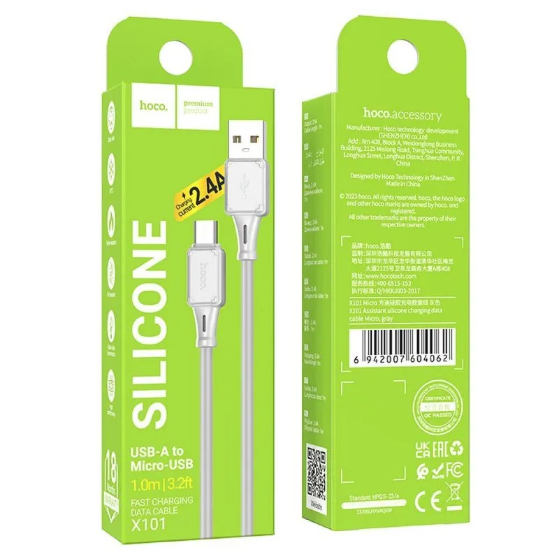 Hoco. Usb kabal Micro  2.4A Assistant X101 (30kom/box) sivi