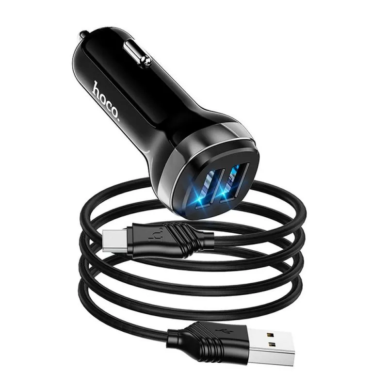 Auto punjac HOCO. Z40 2xUSB + kabal USB A na Type C 2,4A crni