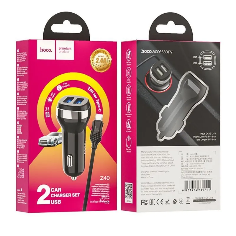 Auto punjac HOCO. Z40 2xUSB + kabal USB A na Type C 2,4A crni