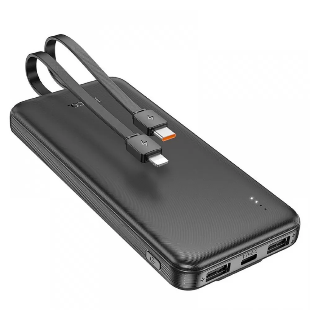 Power Bank Hoco. J118 10000 mAh with cables Type C + Lightning 2A crni