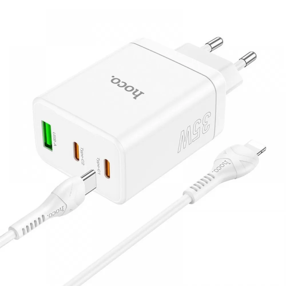 Kucni punjac Hoco. N33  2 x Type C + USB A + kabal Type C na Lightning PD QC3.0 3A 35W beli