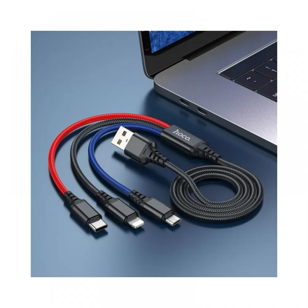 USB kabal HOCO. X76 3u1 USB A na Lightning / Micro USB / Type C 2A 1 m crni / crveni / plavi