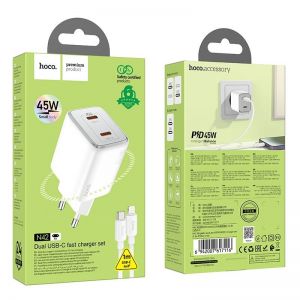 Adapter (Kucni punjac) HOCO. N42 2 x Type C + kabl Type C na Lightning PD QC 45W GaN beli