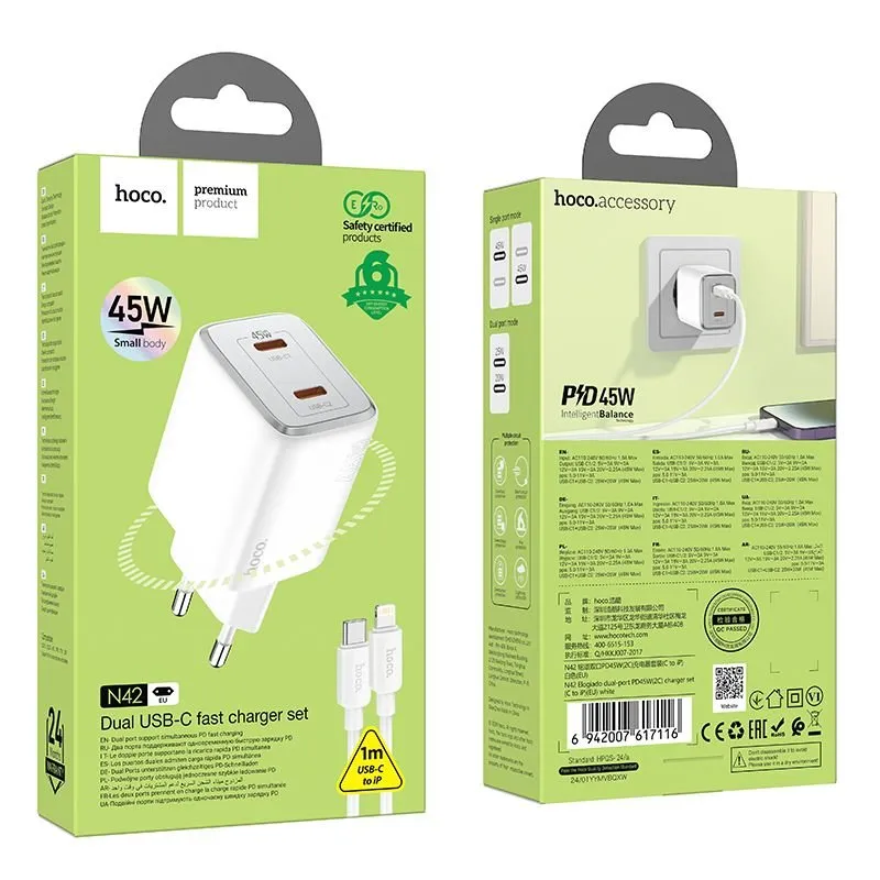 Hoco kucni punjac adapter N42 2 x Type C + kabl Type C na Lightning PD QC 45W GaN beli