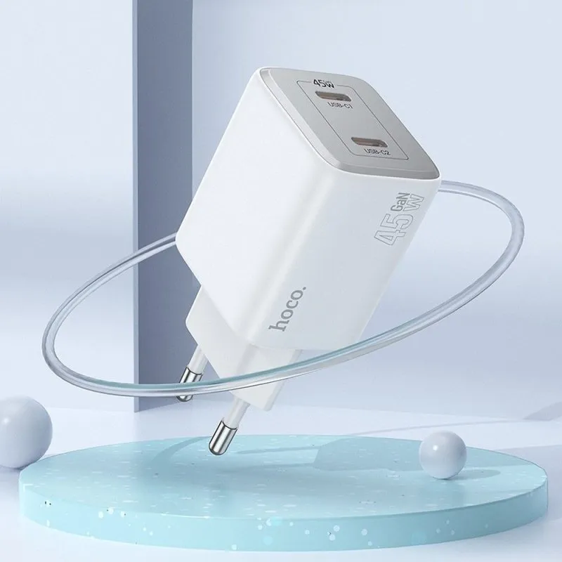 Adapter (Kucni punjac) HOCO. N42 2 x Type C PD QC 45W GaN beli