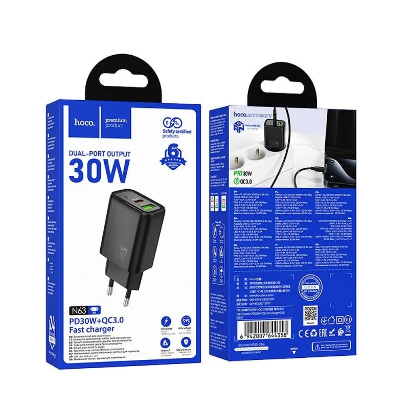 HOCO kucni  punjac adapter USB A + Type C PD QC3.0 3A 30W N63 crni