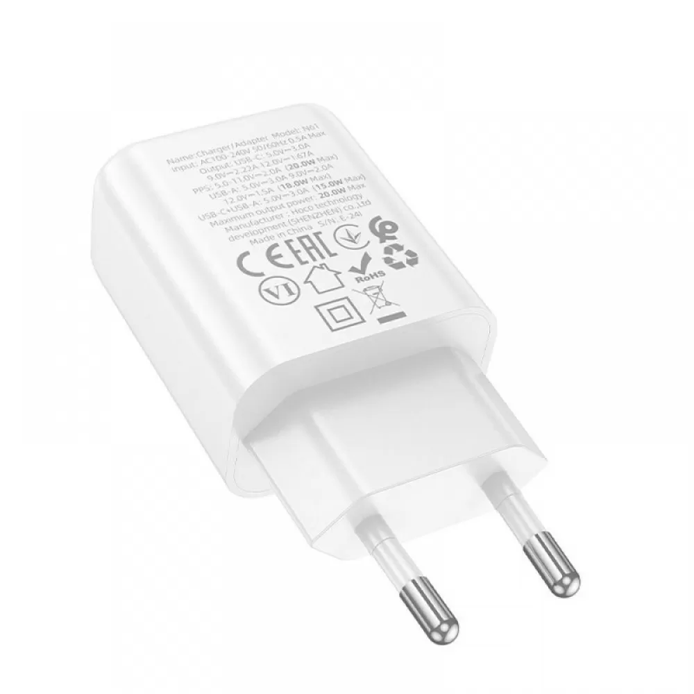HOCO zidni punjac USB A + Type C PD QC3.0 3A 20W N61 beli
