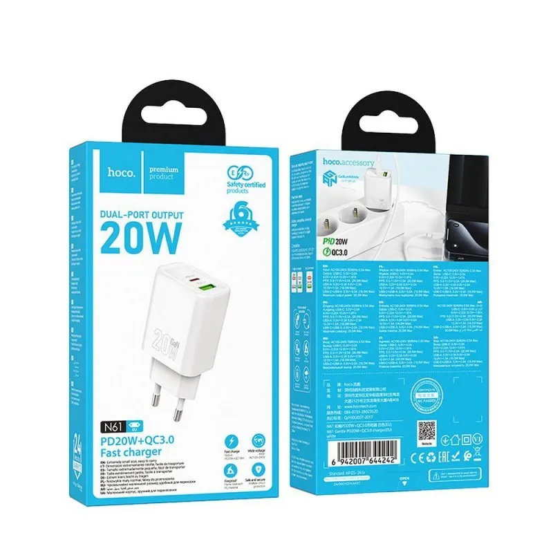 HOCO kucni punjac USB A + USB C adapter PD QC3.0 3A 20W N61 beli