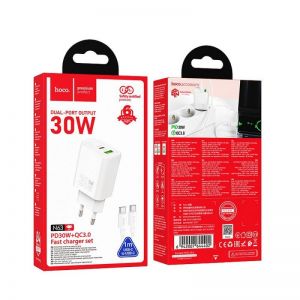 HOCO zidni punjac USB A + Type C + kabl Type C na Type C PD QC3.0 3A 30W N63 beli