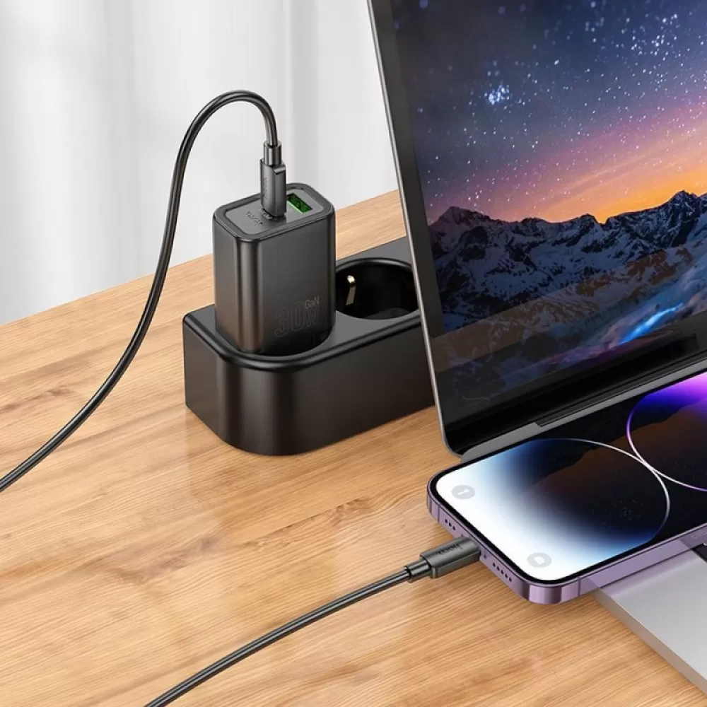 HOCO zidni punjac USB A + Type C + kabl Type C na Lightning PD QC3.0 3A 30W N63 crni