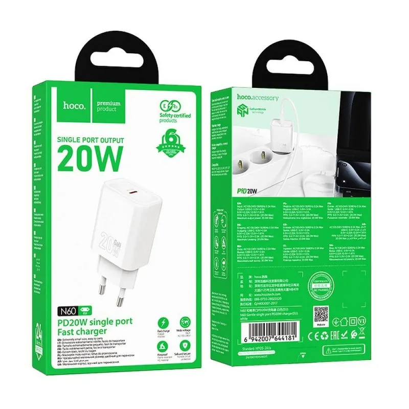HOCO kucni punjac adapter Type C PD QC 20W N60 beli