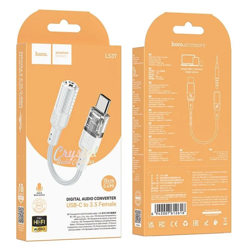 HOCO adapter AUX Type C na Jack 3,5 mm LS37 0,15 m providni sivi