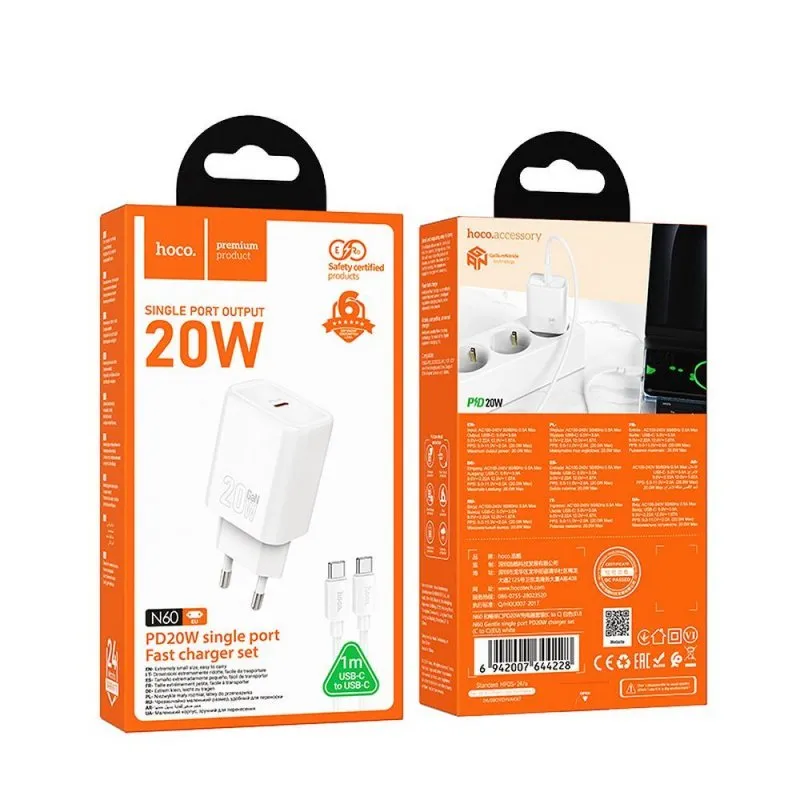 HOCO kucni punjac usb C + kabl Type C na Type C PD QC 20W N60 beli