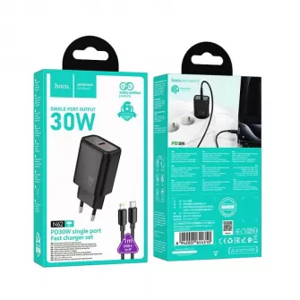 HOCO kucni punjac USB C + kabl Type C na Lightning PD QC 30W N62 crni