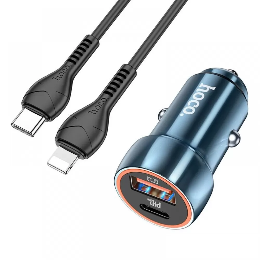 HOCO auto punjac USB A + Type C + kabl Type C na Lightning PD QC3.0 3A 20W Z46A plavi