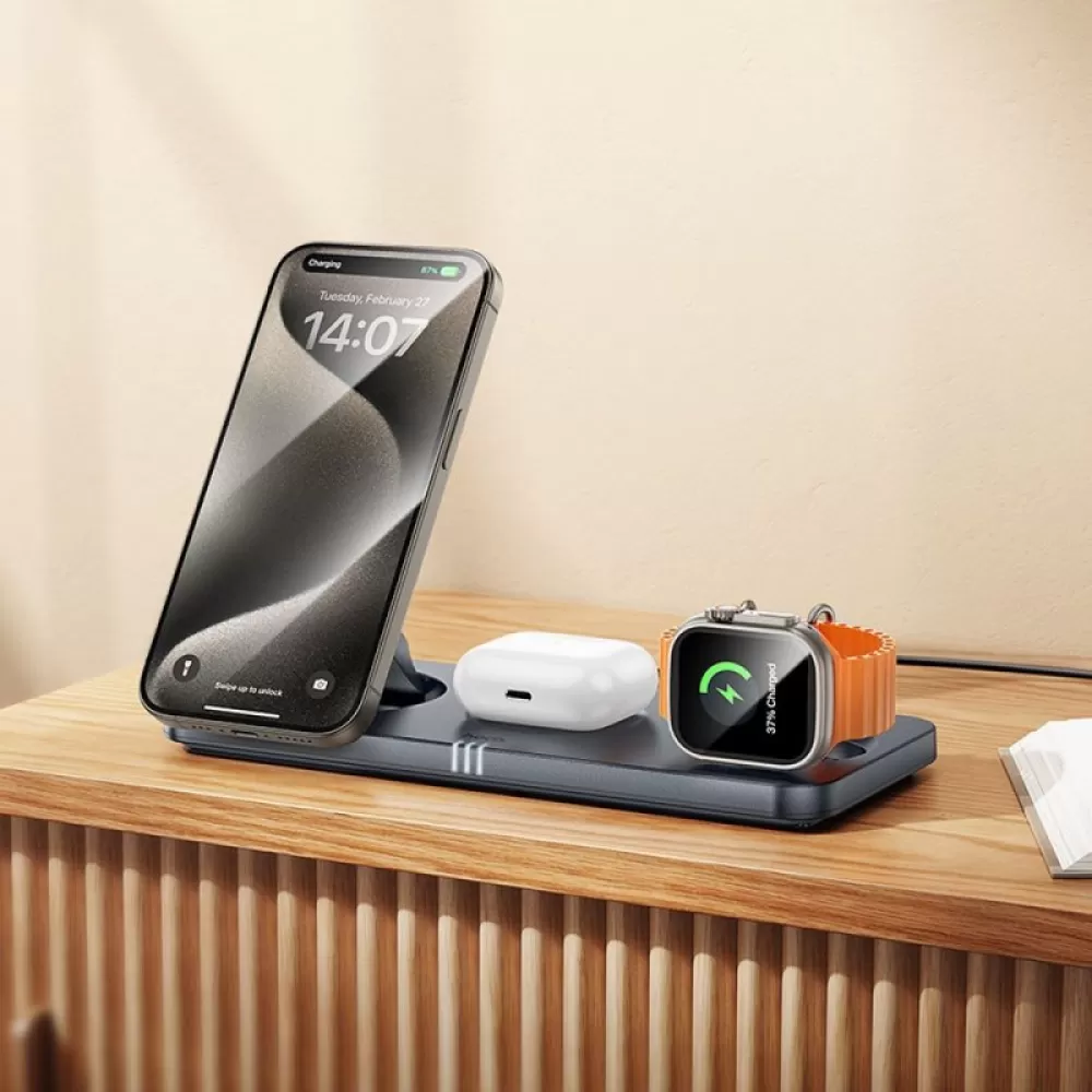 HOCO bezicni punjac 3u1 sklopivi kompatibilan sa MagSafe i APPLE Watch 3A 15W CQ22 sivi