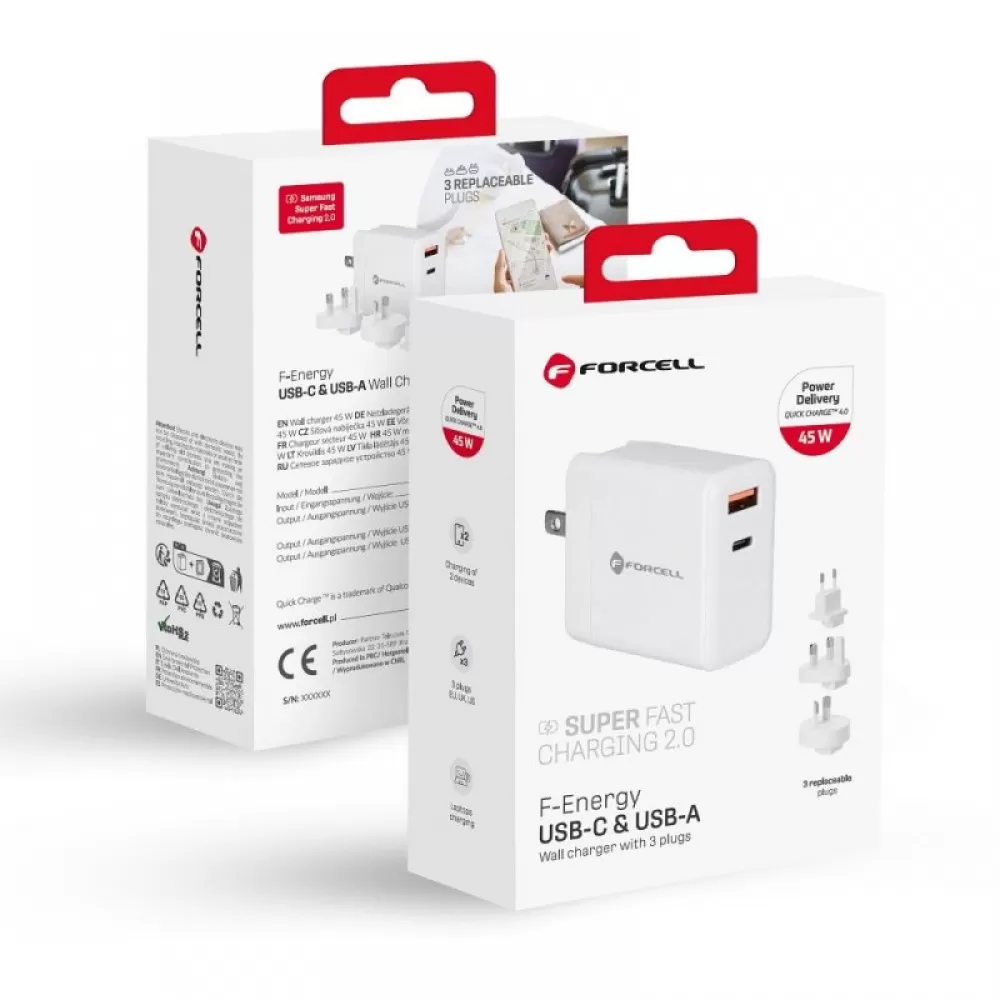FORCELL F-ENERGY TFK-TC-45WPDAC kucni punjac 3u1 Type C + USB A PD QC4.0 3A 45W sa zamenjivim prikljuccima (EU / UK / US) beli