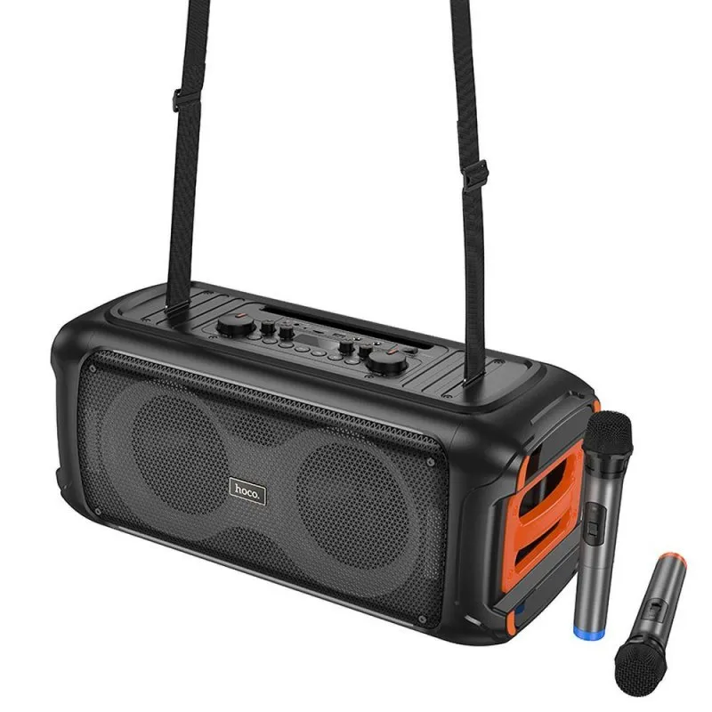 HOCO karaoke set Bluetooth zvucnik + 2 bezicna mikrofona LED 60W HA9 crni