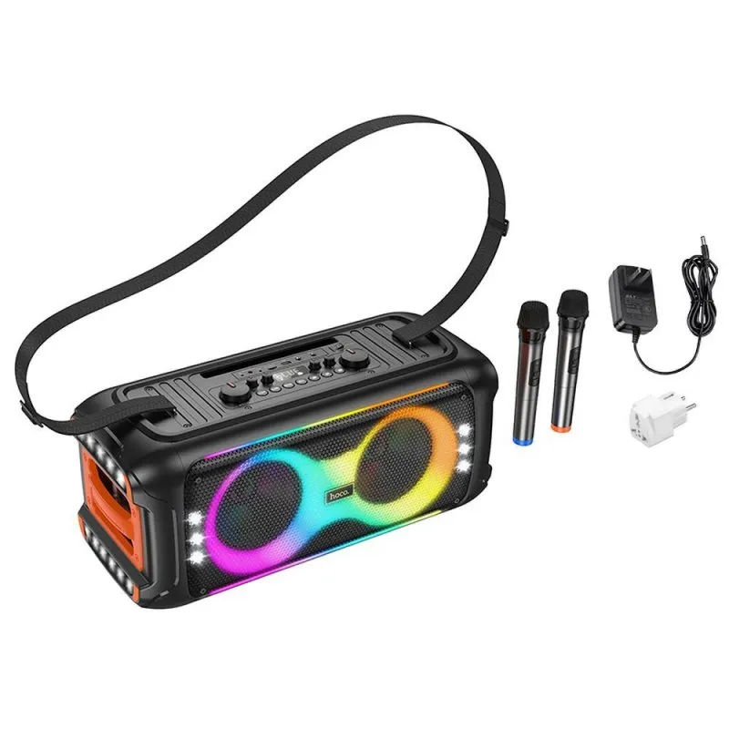 HOCO karaoke set Bluetooth zvucnik + 2 bezicna mikrofona LED 60W HA9 crni