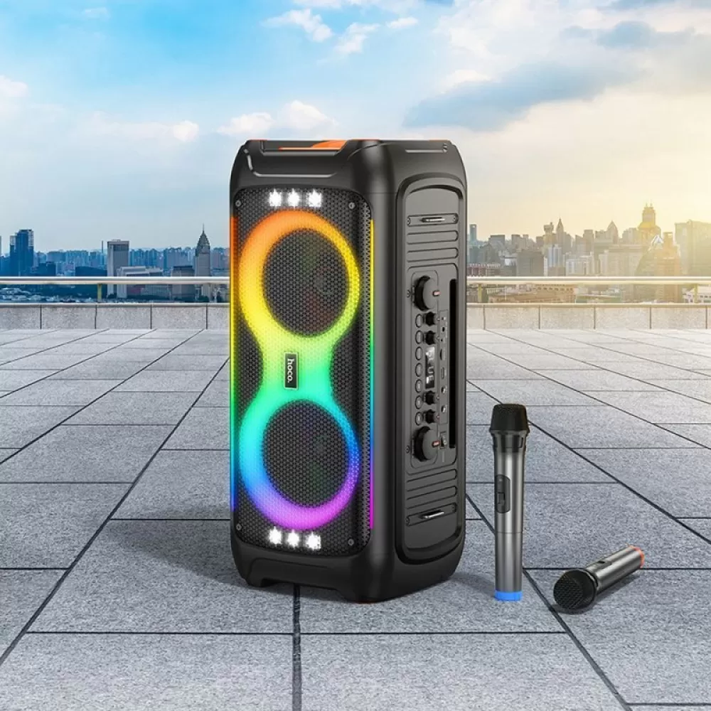 HOCO karaoke set Bluetooth zvucnik + 2 bezicna mikrofona LED 60W HA9 crni