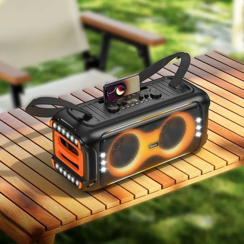 HOCO karaoke set Bluetooth zvucnik + 2 bezicna mikrofona LED 60W HA9 crni