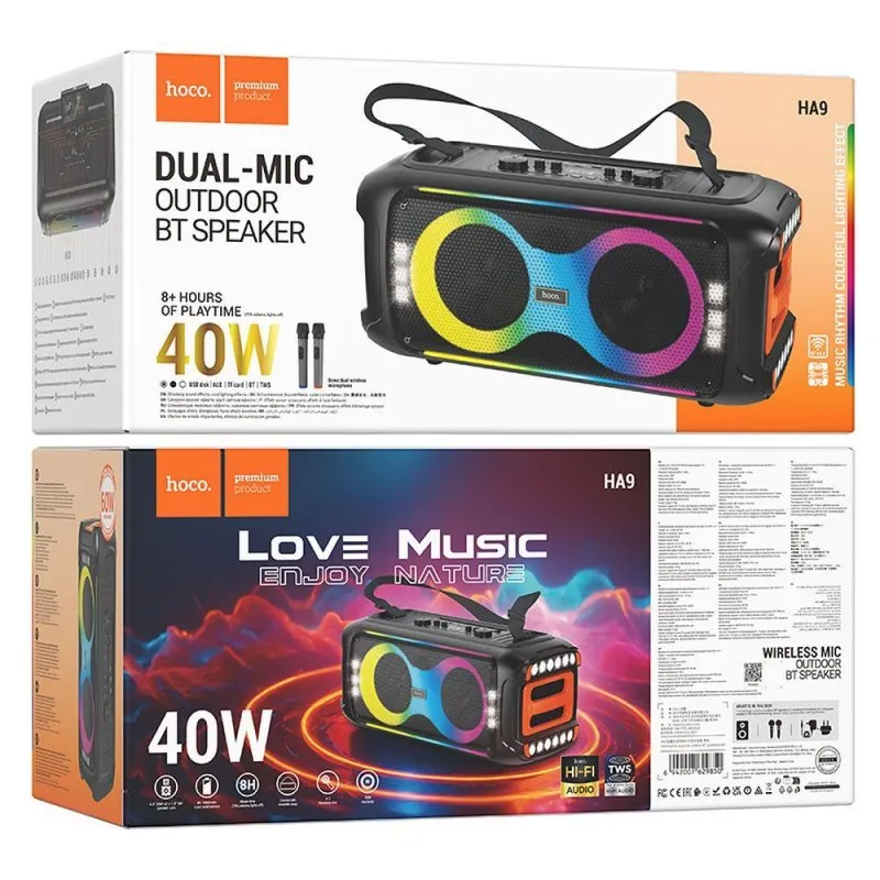 HOCO karaoke set Bluetooth zvucnik + 2 bezicna mikrofona LED 60W HA9 crni