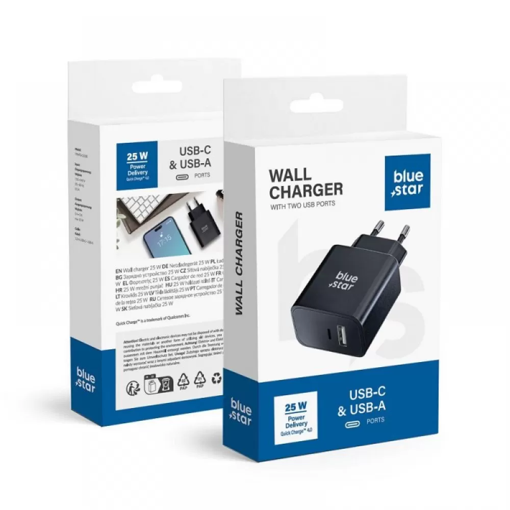 BLUE STAR kucni punjac sa USB C + USB-A prikljuccima PD QC4.0 3A 25W TFB-TC-25WPD crni