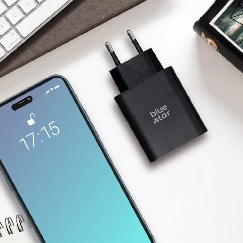 BLUE STAR kucni punjac sa USB C + USB-A prikljuccima PD QC4.0 3A 25W TFB-TC-25WPD crni