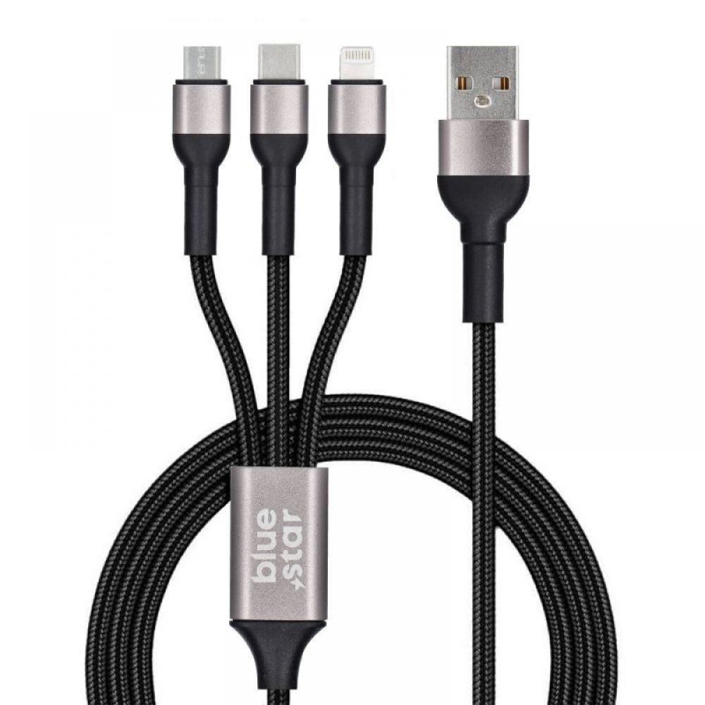 BLUE STAR pleteni kabl 2.4A 3u1 USB A na Lightning / Micro USB / Type C TFK-DC-010 1.2 m crni