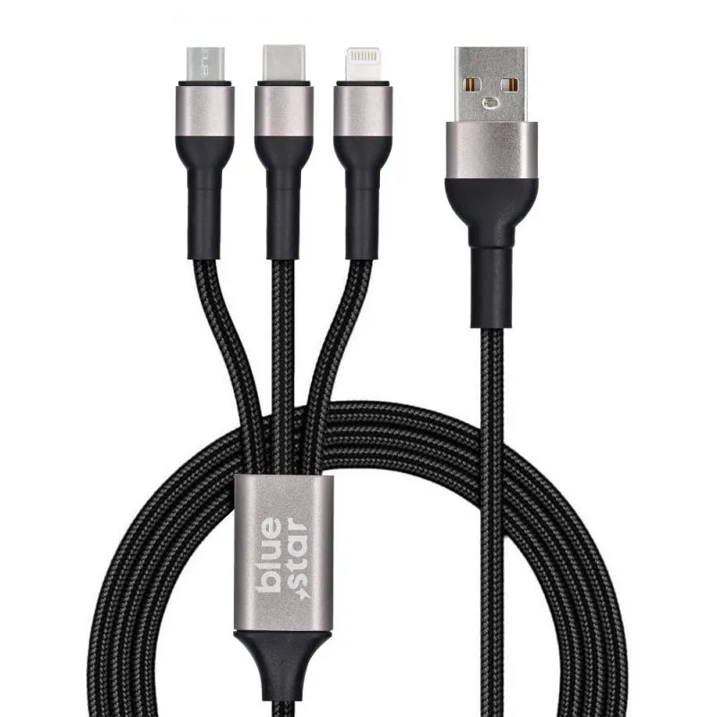 BLUE STAR pleteni kabal (kabl) 2.4A 3u1 USB A na Lightning / Micro USB / Type C TFK-DC-010 1.2 m crni