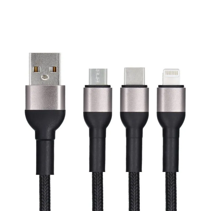 BLUE STAR pleteni kabal (kabl) 2.4A 3u1 USB A na Lightning / Micro USB / Type C TFK-DC-010 1.2 m crni