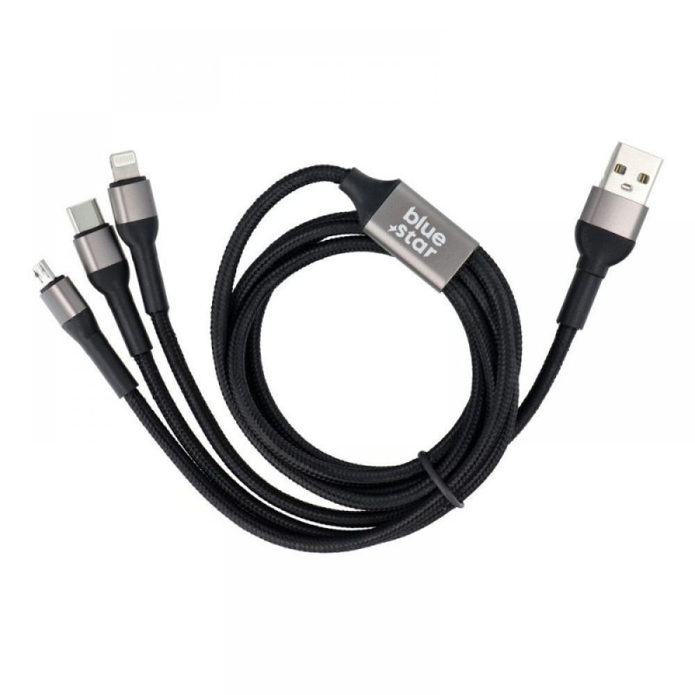 BLUE STAR pleteni kabl 2.4A 3u1 USB A na Lightning / Micro USB / Type C TFK-DC-010 1.2 m crni