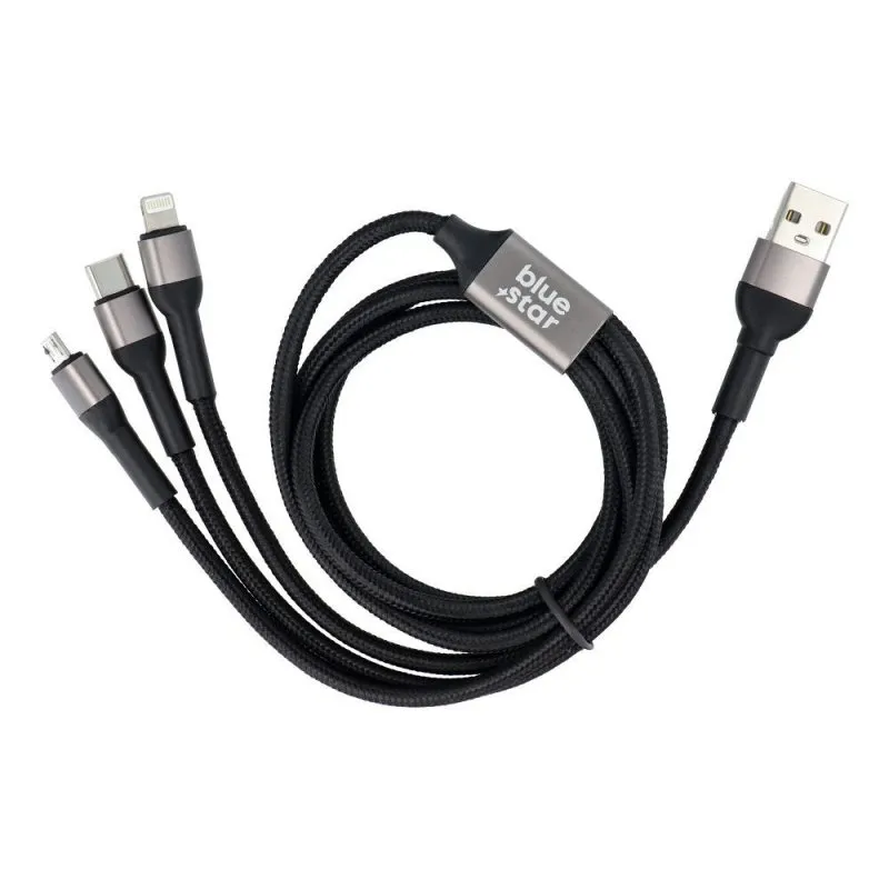 BLUE STAR pleteni kabal (kabl) 2.4A 3u1 USB A na Lightning / Micro USB / Type C TFK-DC-010 1.2 m crni