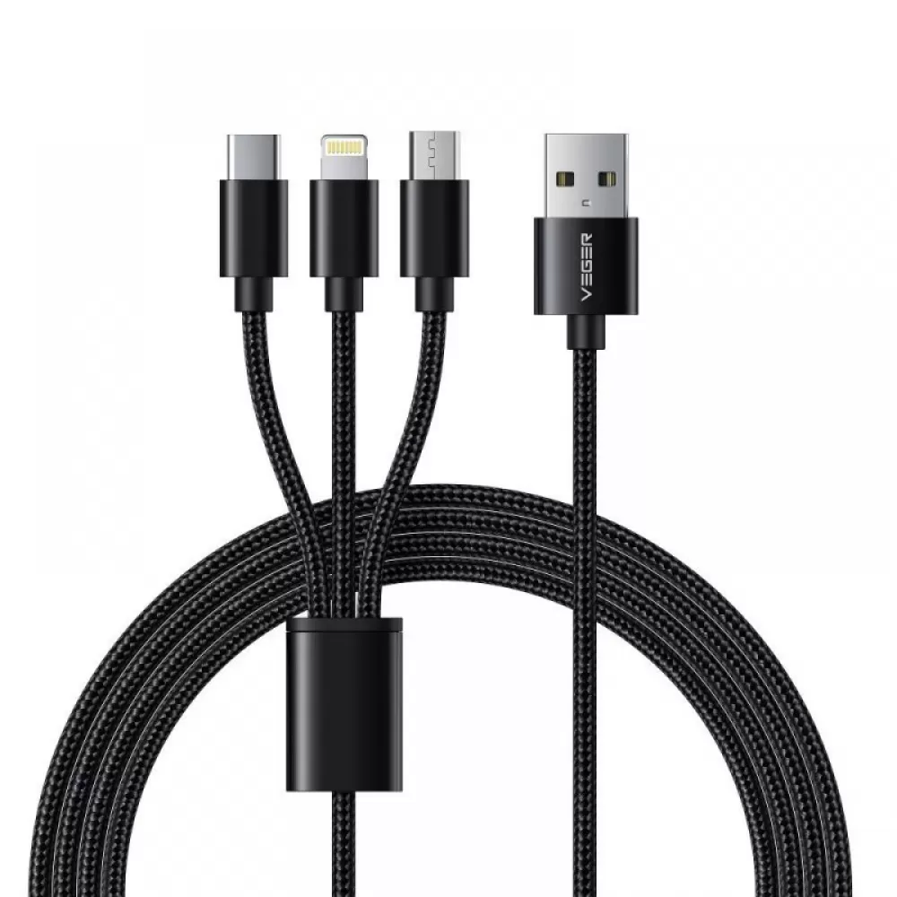 VEGER kabal (kabl) 3u1 USB A na Lightning / Type C / Micro USB 2A 12W V303 1.2 m crni