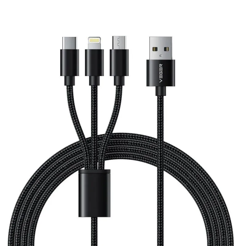 VEGER kabal (kabl) 3u1 USB A na Lightning / Type C / Micro USB 2A 12W V303 1.2 m crni