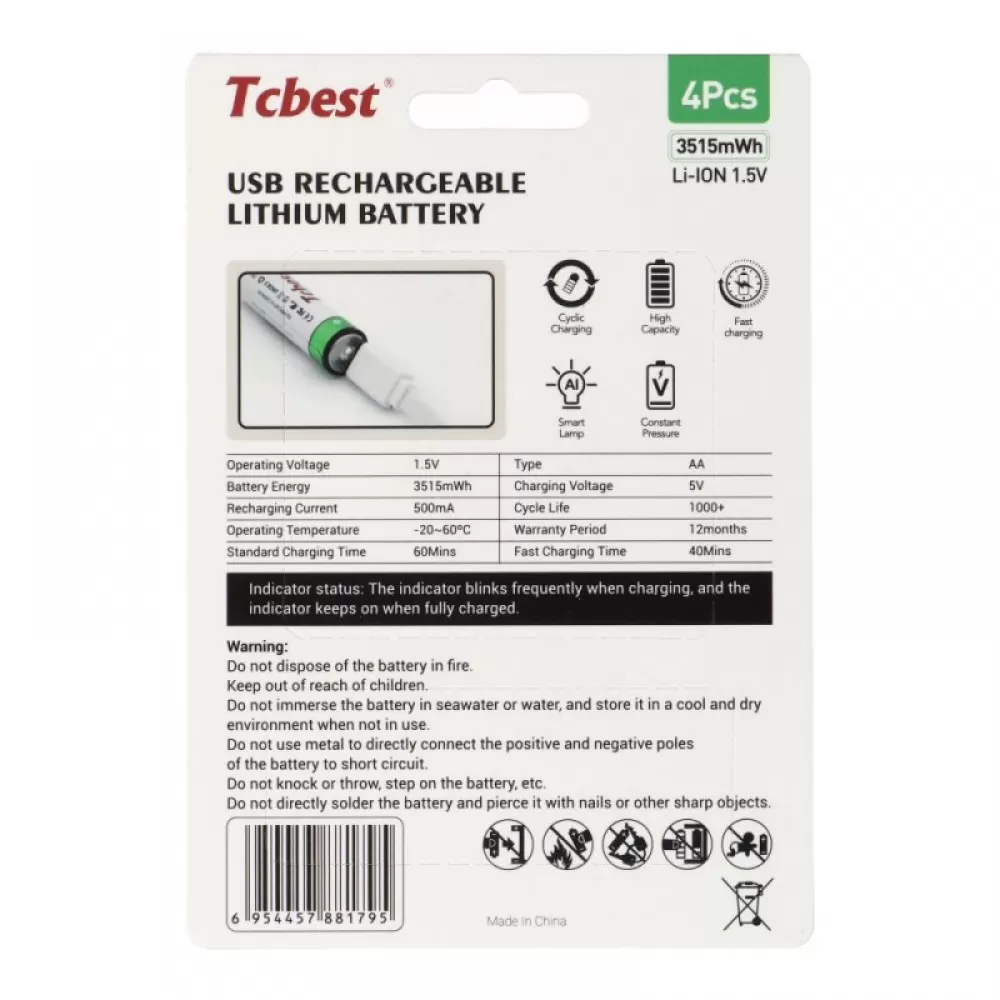 Punjiva baterija TCBEST R6 (AA) 950 mAh sa soketom Type C + USB A kabal 4 x Type C (4 kom)