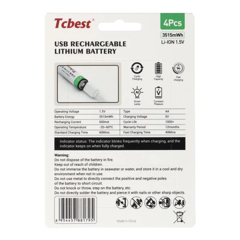 Punjiva baterija TCBEST R6 (AA) 950 mAh sa soketom Type C + USB A kabal 4 x Type C (4 kom)