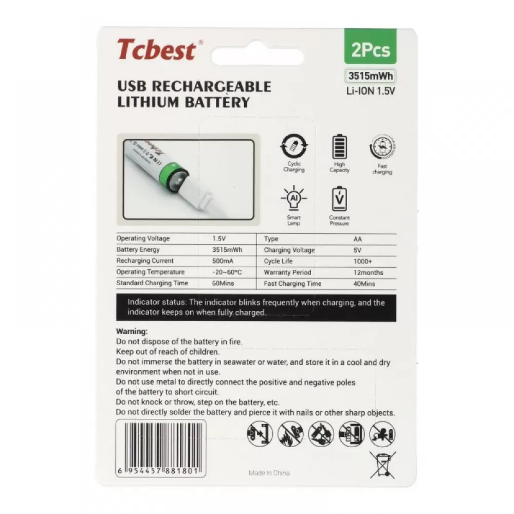Punjiva baterija TCBEST R6 (AA) 950 mAh sa soketom Type C + USB A kabal 2 x Type C (2 kom)